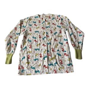 UA Women's  SCRUBS Dog Multicolor  V-Neck Scrub Vintage  Long Sleeve Sz S